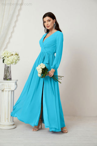 Sunnderly Evening Dresses Deep V-Neck Chiffon Bridesmaid Dresses Long Bishop Sleeve Side Split Formal Dress SY2806