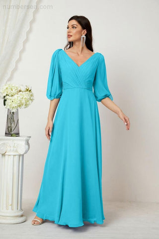 Baoleely  Formal Prom Gown Women V-Neck Chiffon Bridesmaid Dresses Long Bishop Sleeve Party Dress 2807