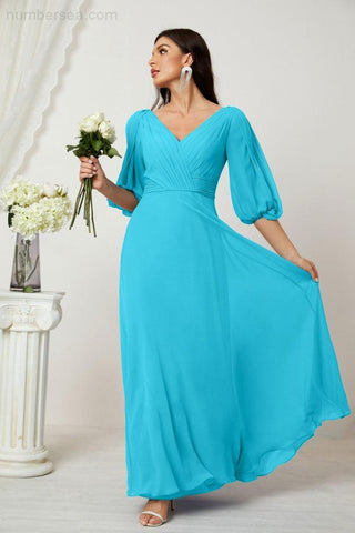 Baoleely  Formal Prom Gown Women V-Neck Chiffon Bridesmaid Dresses Long Bishop Sleeve Party Dress 2807