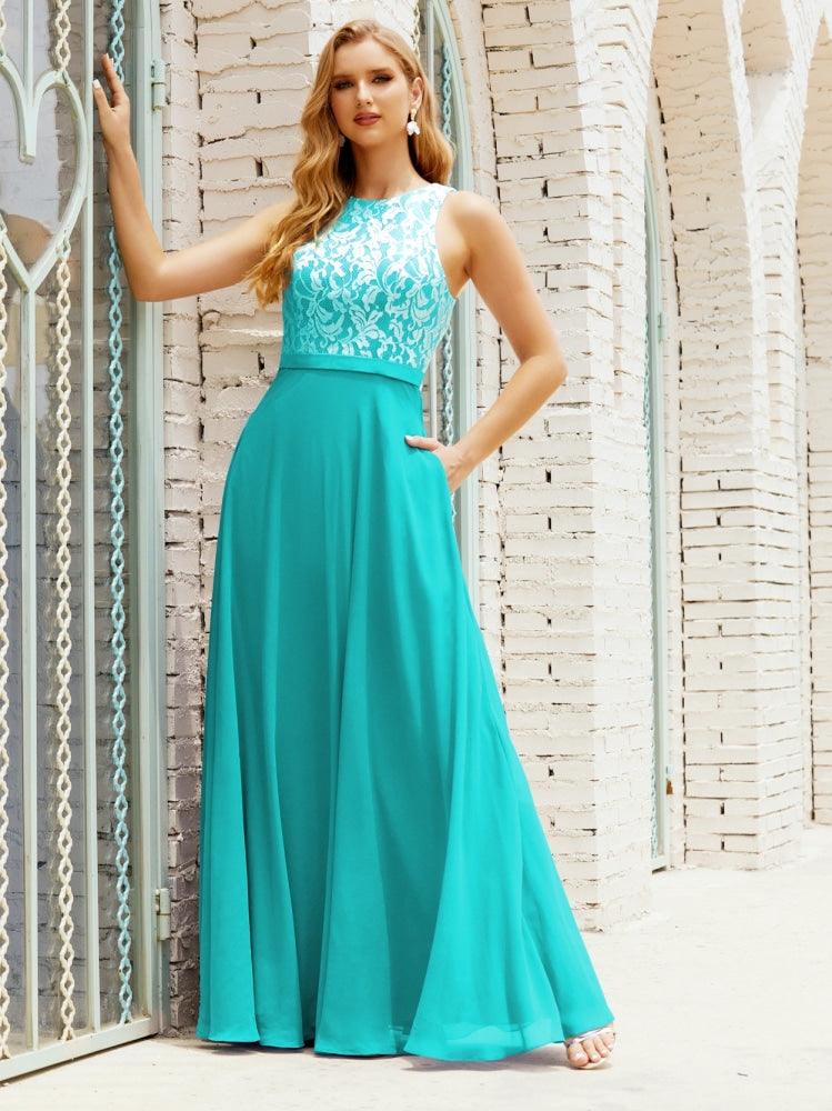 Lace Bridesmaid Dress Floor Length Evening Gowns with Pockets 28017