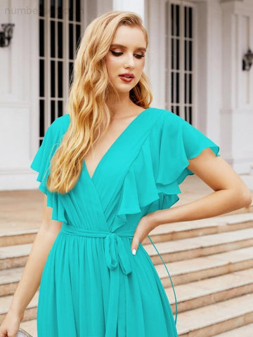 Baoleely Women's Open Back Formal Evening Party Prom Gowns V-Neck Long Chiffon Bridesmaid Dresses with Waist Belt 28038