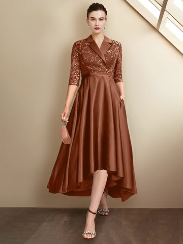 Sheath/Column V-Neck Tea-Length Mother of the Bride Dresses