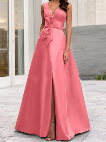 Vestidos de corte princesa/línea A para la madre de la novia, sin mangas, con escote en V y abertura lateral. 