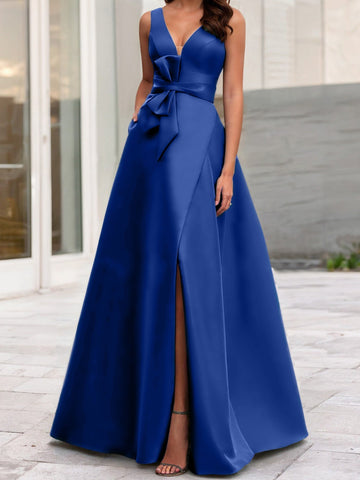 Vestidos de corte princesa/línea A para la madre de la novia, sin mangas, con escote en V y abertura lateral. 