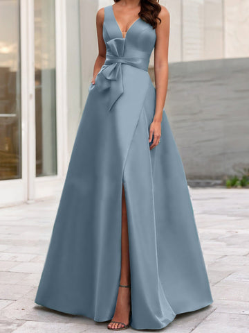 Vestidos de corte princesa/línea A para la madre de la novia, sin mangas, con escote en V y abertura lateral. 