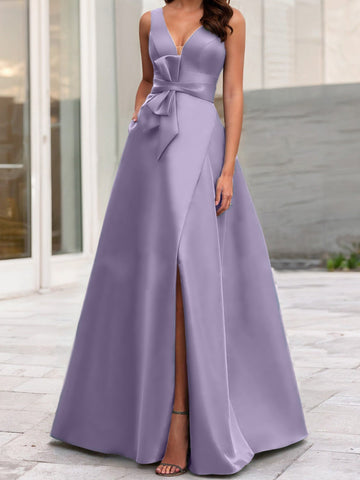 Vestidos de corte princesa/línea A para la madre de la novia, sin mangas, con escote en V y abertura lateral. 