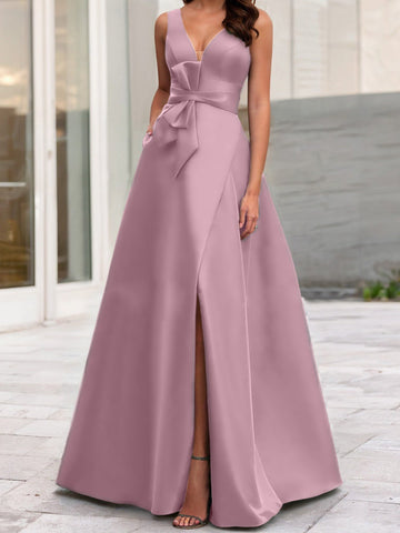 Vestidos de corte princesa/línea A para la madre de la novia, sin mangas, con escote en V y abertura lateral. 