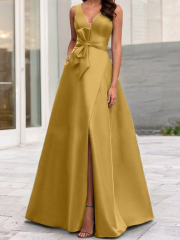 Vestidos de corte princesa/línea A para la madre de la novia, sin mangas, con escote en V y abertura lateral. 