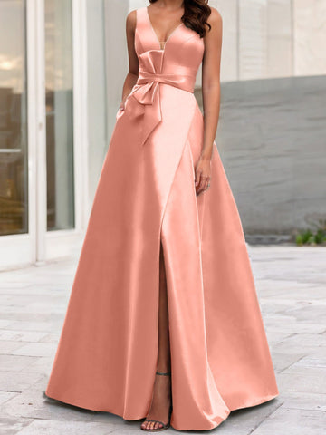 Vestidos de corte princesa/línea A para la madre de la novia, sin mangas, con escote en V y abertura lateral. 