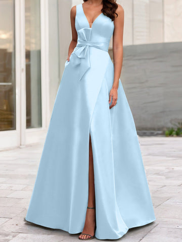 Vestidos de corte princesa/línea A para la madre de la novia, sin mangas, con escote en V y abertura lateral. 