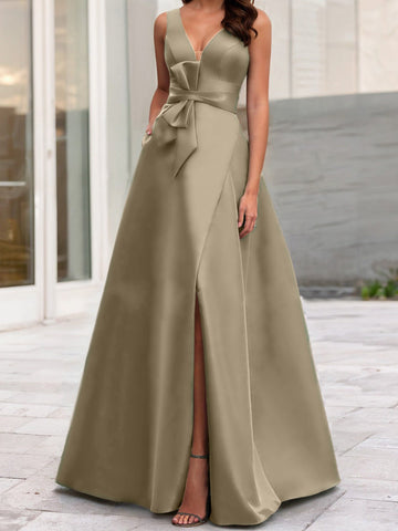 Vestidos de corte princesa/línea A para la madre de la novia, sin mangas, con escote en V y abertura lateral. 