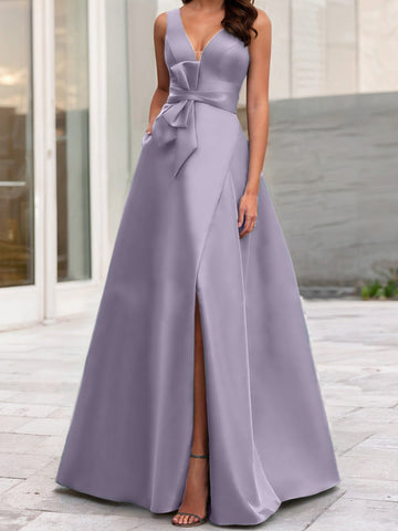 Vestidos de corte princesa/línea A para la madre de la novia, sin mangas, con escote en V y abertura lateral. 