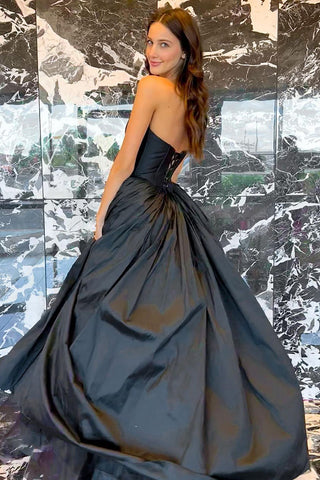 A Line Strapless Black Corst Prom Dress with Criss Cross Back