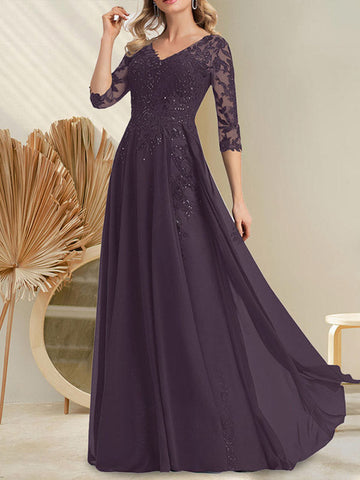A-line V-Neck Floor-Length Lace Chiffon Mother of the Bride Dress With Sequins