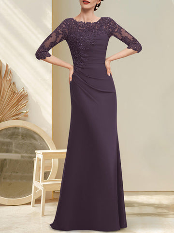 A-line Scoop Floor-Length Chiffon Lace Mother of the Bride Dress With Beading Pleated Sequins