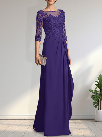 A-line Scoop Illusion Floor-Length Chiffon Lace Mother of the Bride Dress With Beading Sequins Cascading Ruffles
