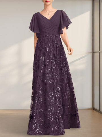 A-line V-Neck Floor-Length Lace Sequin Chiffon Mother of the Bride Dress With Pleated
