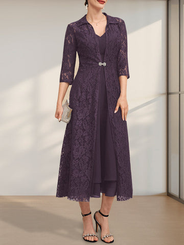 A-line V-Neck Tea-Length Chiffon Mother of the Bride Dress