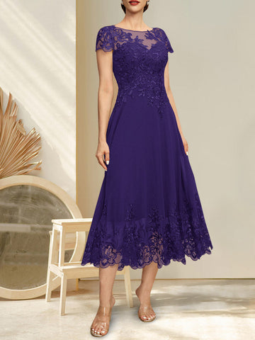 A-line Illusion Scoop Tea-Length Lace Chiffon Mother of the Bride Dress With Sequins