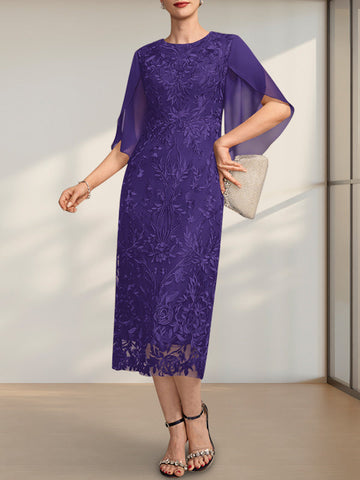 Sheath/Column Scoop Tea-Length Lace Chiffon Mother of the Bride Dress