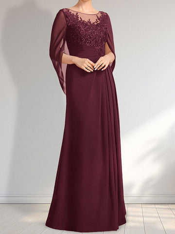A-line Scoop Illusion Floor-Length Lace Chiffon Mother of the Bride Dress With Pleated Sequins