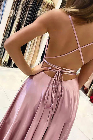 Robe de bal simple en satin rose poudré, coupe trapèze, avec fente