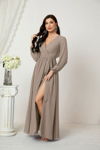 Sunnderly Evening Dresses Deep V-Neck Chiffon Bridesmaid Dresses Long Bishop Sleeve Side Split Formal Dress SY2806