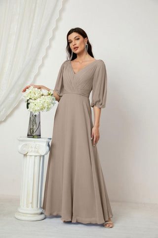 Baoleely  Formal Prom Gown Women V-Neck Chiffon Bridesmaid Dresses Long Bishop Sleeve Party Dress 2807