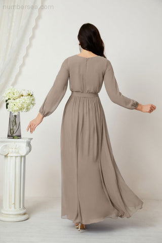 Sunnderly Evening Dresses Deep V-Neck Chiffon Bridesmaid Dresses Long Bishop Sleeve Side Split Formal Dress SY2806