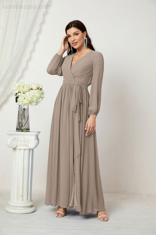 Sunnderly Evening Dresses Deep V-Neck Chiffon Bridesmaid Dresses Long Bishop Sleeve Side Split Formal Dress SY2806