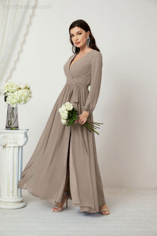 Sunnderly Evening Dresses Deep V-Neck Chiffon Bridesmaid Dresses Long Bishop Sleeve Side Split Formal Dress SY2806