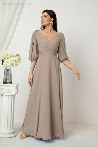 Baoleely  Formal Prom Gown Women V-Neck Chiffon Bridesmaid Dresses Long Bishop Sleeve Party Dress 2807