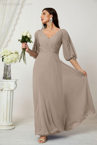 Baoleely  Formal Prom Gown Women V-Neck Chiffon Bridesmaid Dresses Long Bishop Sleeve Party Dress 2807