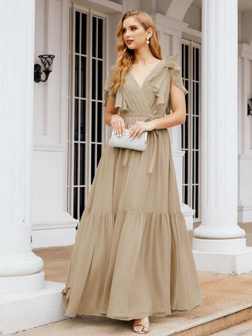 Baoleely Women's Open Back Formal Evening Party Prom Gowns V-Neck Long Chiffon Bridesmaid Dresses with Waist Belt 28038