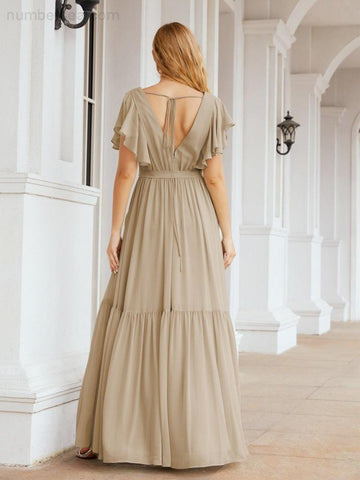 Baoleely Women's Open Back Formal Evening Party Prom Gowns V-Neck Long Chiffon Bridesmaid Dresses with Waist Belt 28038