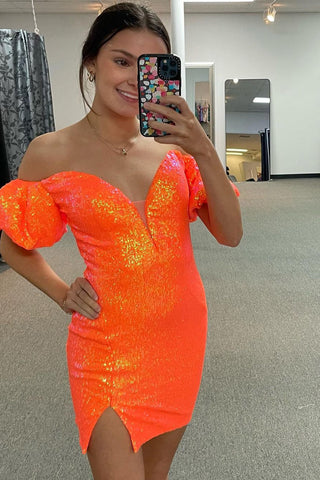 Sparkly Sheath Off the Shoulder Orange Sequins Short Homecoming Dress
