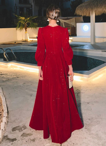 Robe de bal modeste à paillettes rouges, robe de soirée formelle musulmane, robe de mode Y4976