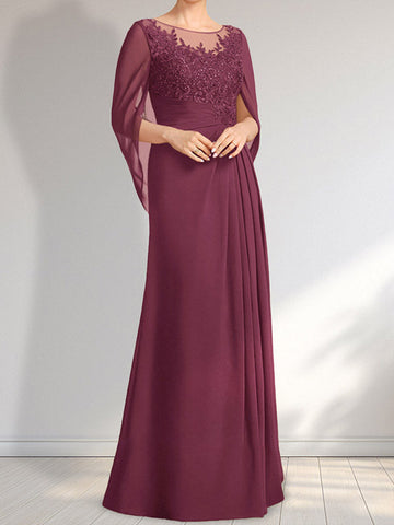 A-line Scoop Illusion Floor-Length Lace Chiffon Mother of the Bride Dress With Pleated Sequins