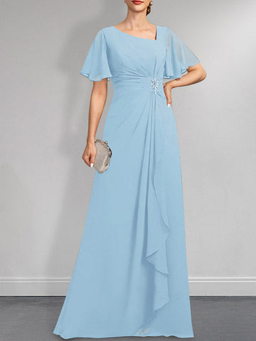 A-line Asymmetrical Floor-Length Chiffon Mother of the Bride Dress With Pleated Beading Sequins