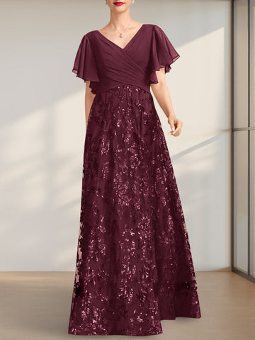 A-line V-Neck Floor-Length Lace Sequin Chiffon Mother of the Bride Dress With Pleated