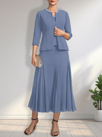 Separates A-line Scoop Tea-Length Chiffon Mother of the Bride Dress With Sequins Beading