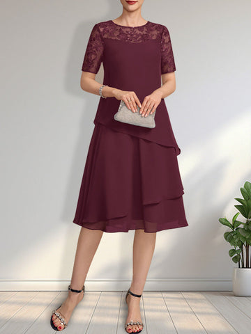 A-line Scoop Illusion Knee-Length Lace Chiffon Mother of the Bride Dress With Sequins