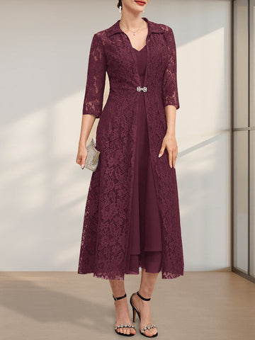 A-line V-Neck Tea-Length Chiffon Mother of the Bride Dress