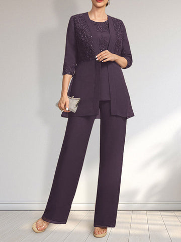 Jumpsuit/Pantsuit Separates Scoop Floor-Length Chiffon Lace Mother of the Bride Dress With Sequins