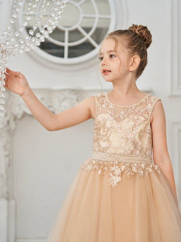 Ball-Gown/Princess Tulle Sweep Train Champagne Flower Girl Dress