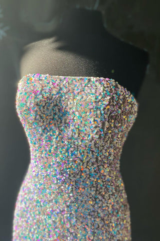 Robe de bal longue bustier à sequins avec fente sur le devant