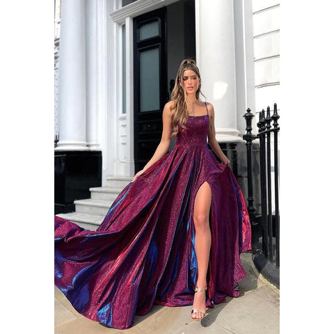 Vestido de fiesta formal de noche con tirantes, lentejuelas, abertura y sin mangas Baoleely