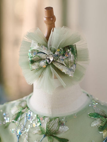 Sequins Tulle Knee-length Green 1st Birthday Party Baby Girl Dress