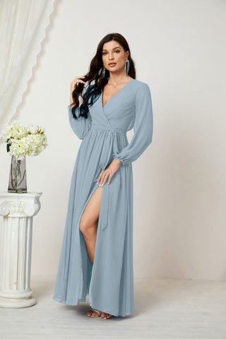 Sunnderly Evening Dresses Deep V-Neck Chiffon Bridesmaid Dresses Long Bishop Sleeve Side Split Formal Dress SY2806