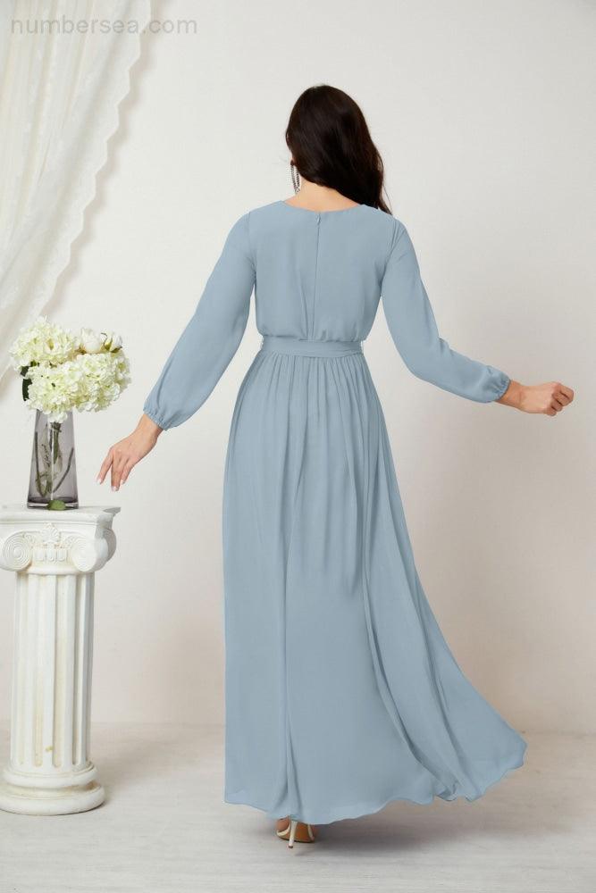 Numbersea Evening Dresses Deep V-Neck Chiffon Bridesmaid Dresses Long Bishop Sleeve Side Split Formal Dress 2806